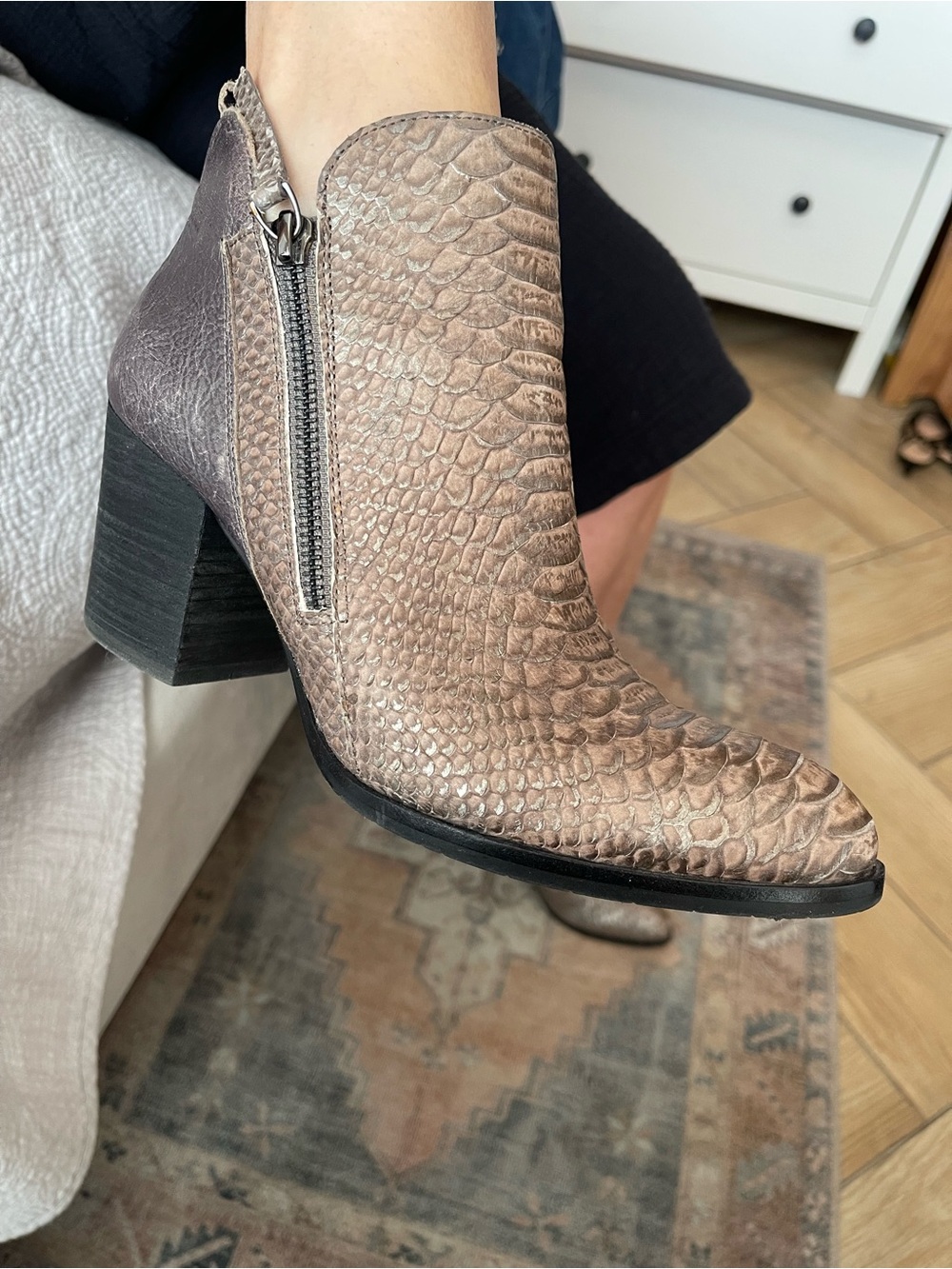 Donald Pliner Silver Taupe Snakeskin Leather Block Heel Booties